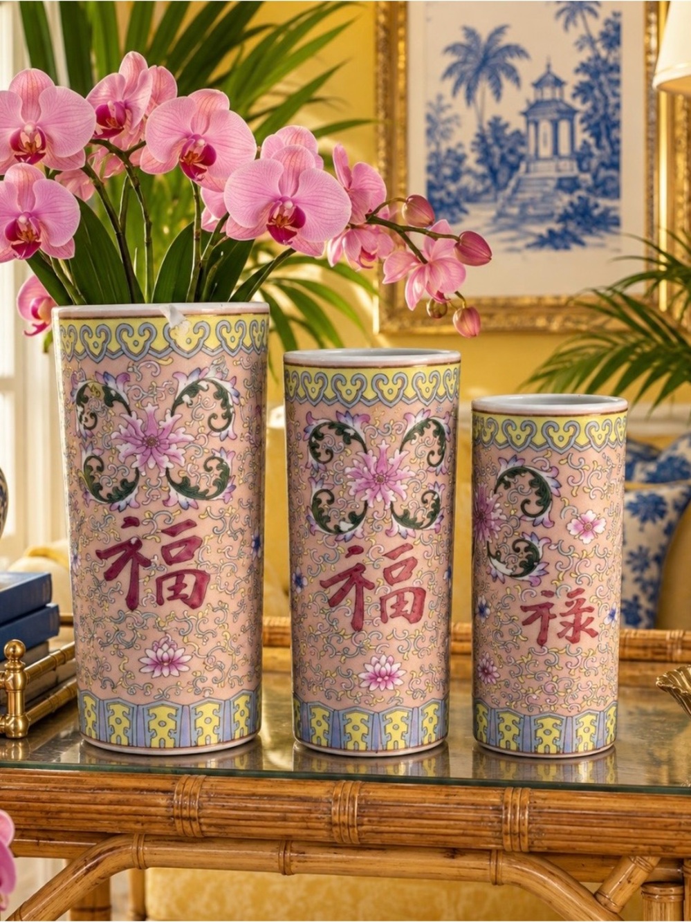 Vintage Chinese Famille Rose Fu Lu Shou Brush Pots Set of 3